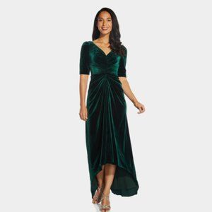 Adrianna Papell Emerald/Green Velvet Dress Elegant V-Neckline Ruched‎ Detail 2